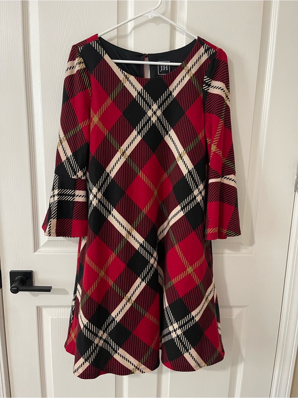 JH Red Black Plaid Bell Sleeve Fit & Flare Dress Women’s Large